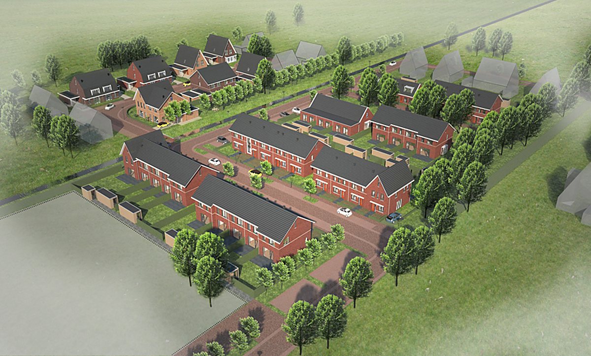 Rij nieuwbouwwoningen met rode pannendaken